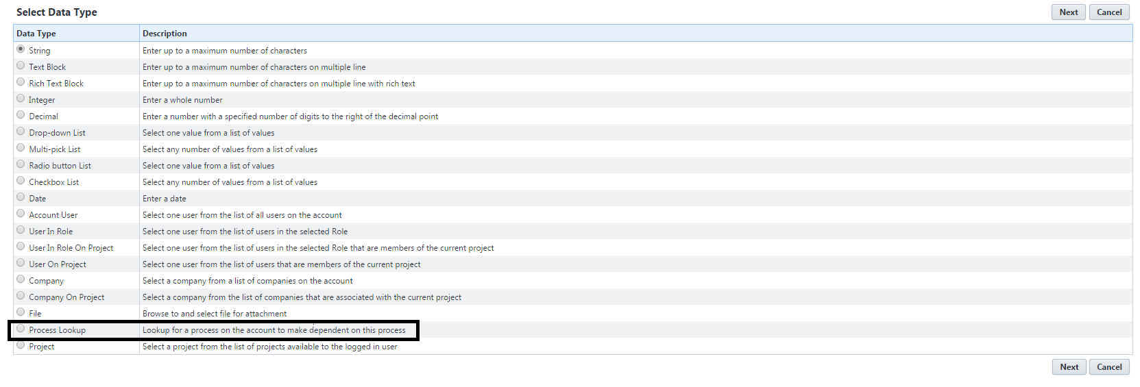Select Data Type - Process Lookup