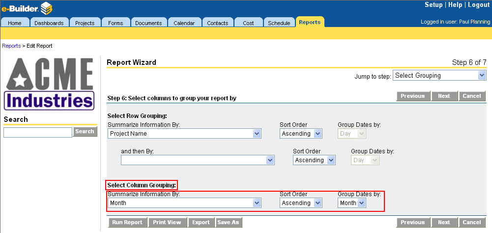 Reports - Report Wizard -Step 6 - Matrix report grouping