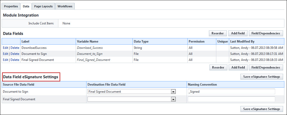 Data Tab - Data Field eSignature Settings