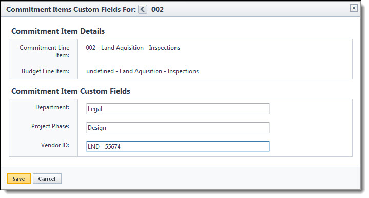 Commitment Items Custom Fields dialog box