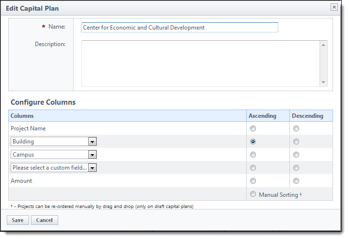 Modify Capital Plan Custom Fields