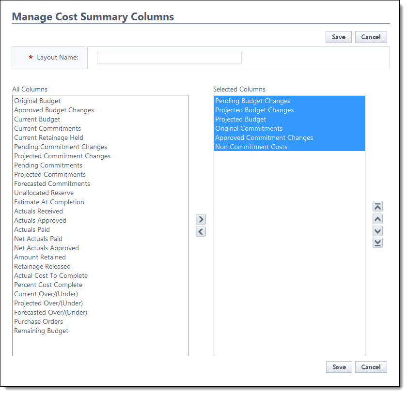 Manage Cost Summary Columns