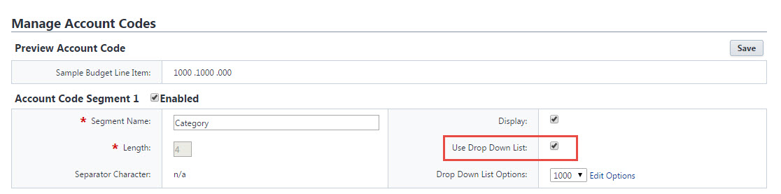 Manage Account Codes Use drop-down list